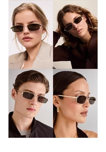 Collage de cuatro modelos con gafas de sol rectangulares de metal retro con lentes oscuras
