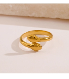 Detailed close-up of 18K gold plated double-headed snake ring with a matte finish