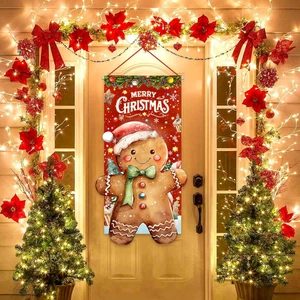 Festive gingerbread man Christmas door banner banner on a cozy porch with warm lights