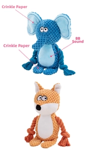 Detail showing plush pet toys with crinkle paper, squeaker, and durable cotton rope legs