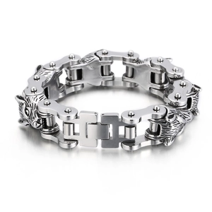 Herren Edelstahl Wolfskopf Armband im schweren Industrial Rock und Biker Stil Design