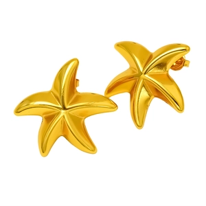 Polished gold stainless steel starfish stud earrings for women in a minimalist 3D design