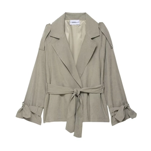 Women Short Trench Coat Faux Suede Jacket Belted Lapel Shoulder Tabs Bow Cuffs Casual Elegant Outerwear