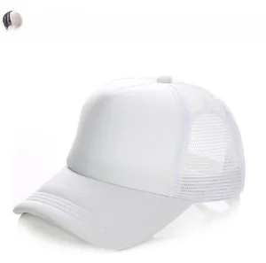 Close-up of white trucker hat featuring breathable mesh back and solid front panel