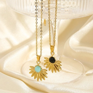 Stainless Steel Pendant Necklace For Women 14K Gold Plated Waterproof Fan Shaped Sunburst Rhinestone Inlaid Jewelry