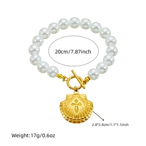French vintage pearl chain bracelet with gold scallop pendant and OT toggle clasp