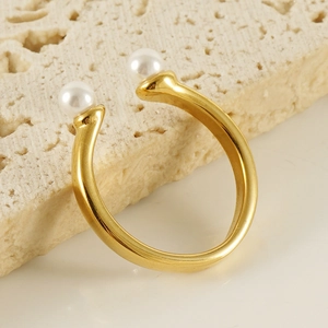 Minimalist 18k gold plated stainless steel open ring with two elegant white pearls