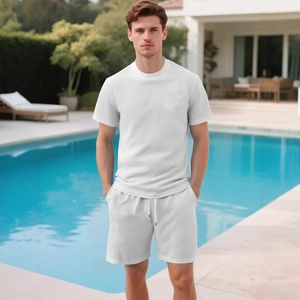 Men's white waffle knit t-shirt and drawstring shorts two-piece summer set in resort style