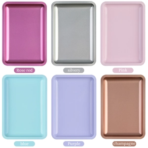 Detailed grid view showcasing six vibrant color options for the stainless steel tray set