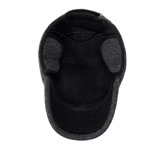 Men's winter flat top hat with ear flaps and warm lining in grey black patchwork