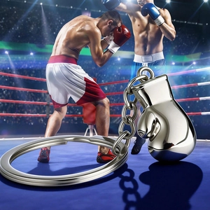 Polished silver metal boxing glove keychain with a realistic boxing match scene background