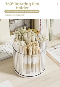 Close-up of 360-degree rotating pen organizer with transparent ribbed texture design