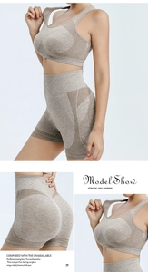 Detail of beige yoga set featuring honeycomb breathable mesh on sports bra and shorts