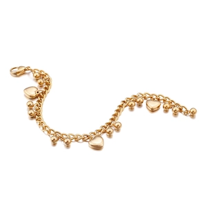 Gold stainless steel link bracelet with alternating heart charms and metallic beads
