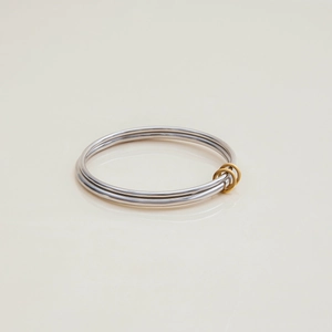 Détail macro du bracelet bicolore argent et or en acier inoxydable poli au style épuré