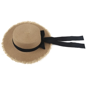 Straw boater sun hat with bow and frayed edge for women outdoor fashion travel
