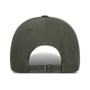 Olive green camouflage baseball cap with adjustable metal buckle and strap in back view