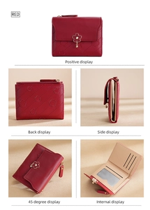 Multi-angle views of red PU leather women's wallet with embossed flower and gold pendant