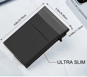 Detailed view of black ultra slim RFID metal wallet with 9.76cm by 6.36cm dimensions