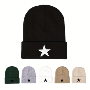 Knitted Beanie Hat Acrylic Warm Five Point Star Embroidery Ribbed Cuffed Winter Cap For Men Women Streetwear Style