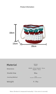 Detail view of knit cherry bucket bag with size measurements and pearl shoulder strap