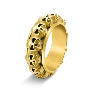 Bague gothique en acier inoxydable doré avec motifs de crânes sculptés pour hommes