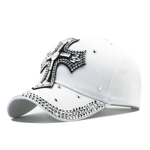 White baseball cap with rhinestone studded black cross and crystal glitter accents
