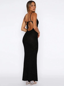 Slim fit backless black sequined maxi dress with stylish crisscross straps