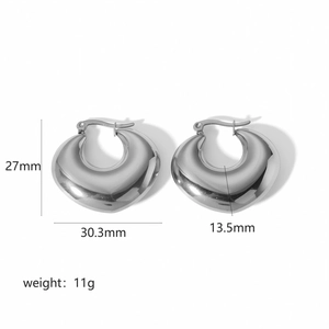 Silver hollow heart-shaped stainless steel hoop earrings with size 27mm and weight 11g