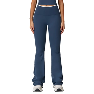 Navy high-waisted flared yoga pants with contrast white waistband detail on white background