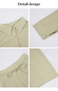 Detail design of light green linen blend shirt and shorts with buttons and drawstring