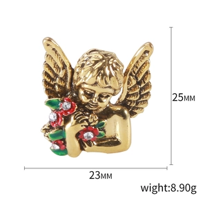 Vintage gold-plated angel brooch with enamel flowers and crystals, 25mm size