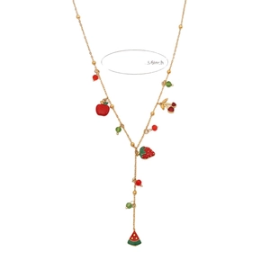 56-inch gold chain necklace featuring colorful cherry apple and strawberry fruit charms
