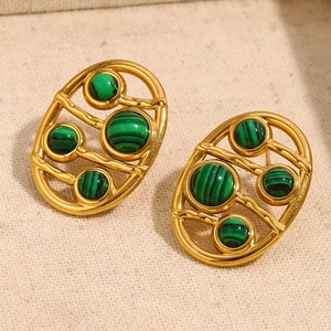 Vintage Oval Stud Earrings 18K Gold Plated Stainless Steel With Green Faux Malachite Hollow Geometric For Women Elegant