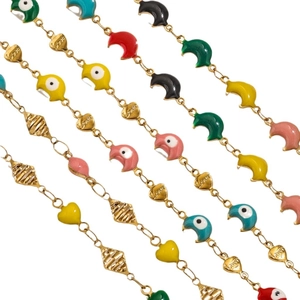 Colorful evil eye and moon charms on 18K gold-plated stainless steel chain necklace
