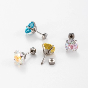 Octagon rose cut zircon stud earrings in blue and yellow with titanium screw backs