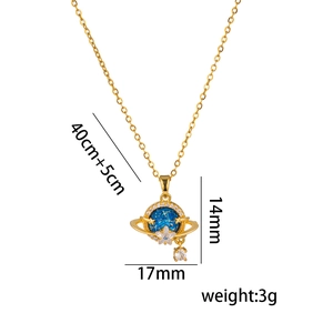 Starry planet necklace in gold with blue zircon pendant on white background