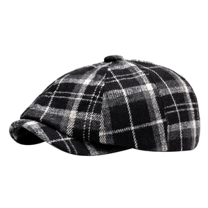 Berretto newsboy classico a quadri bianchi e neri in lana calda con visiera
