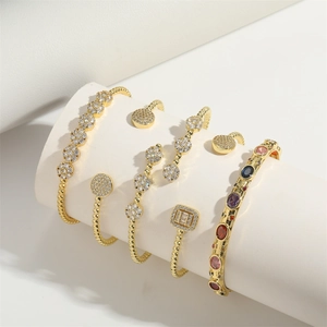 Luxurious gold-plated opening bracelets and beaded bangles with colorful gemstones
