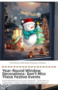 Detail of Christmas snowman window decal with festive tree and Merry Christmas text