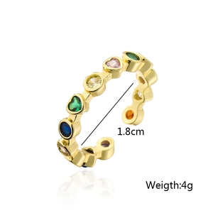Detail view of 18K gold plated ring with colorful heart zircons and size measurements