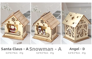 Three illuminated wooden Christmas houses with Santa and snowman cutouts on a cozy background