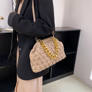 Chic beige quilted chain bag for women with gold strap accessory and diamond stitching