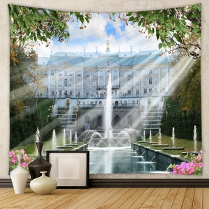 Detailed view of large landscape tapestry featuring Peterhof Palace fountain and garden