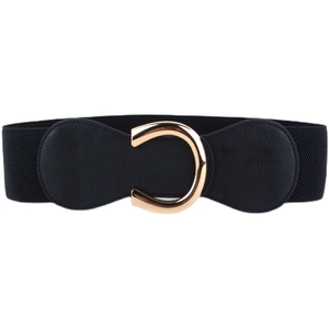 Vintage black elastic wide waist belt with golden horseshoe buckle for dress and coat