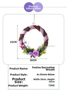 Detail view of 35x30cm purple rose Christmas wreath with rattan base and ribbon accents