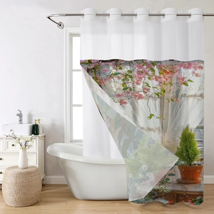 Detail of waterproof waffle shower curtain featuring digital floral and garden scenery print