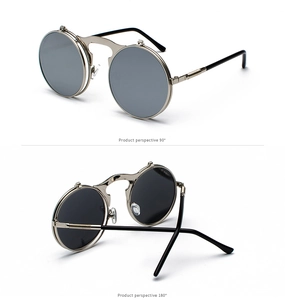 Detailed views of steampunk flip-up sunglasses with round metal frames and grey lenses