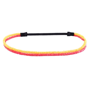Detail of yellow and pink double layer glitter headbands with elastic black band