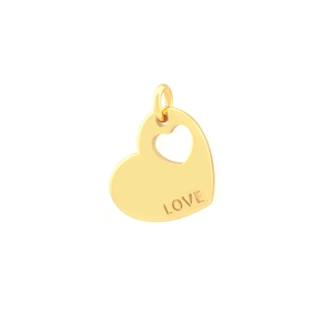 Close-up of a gold heart pendant with hollow lines and engraved LOVE text detail